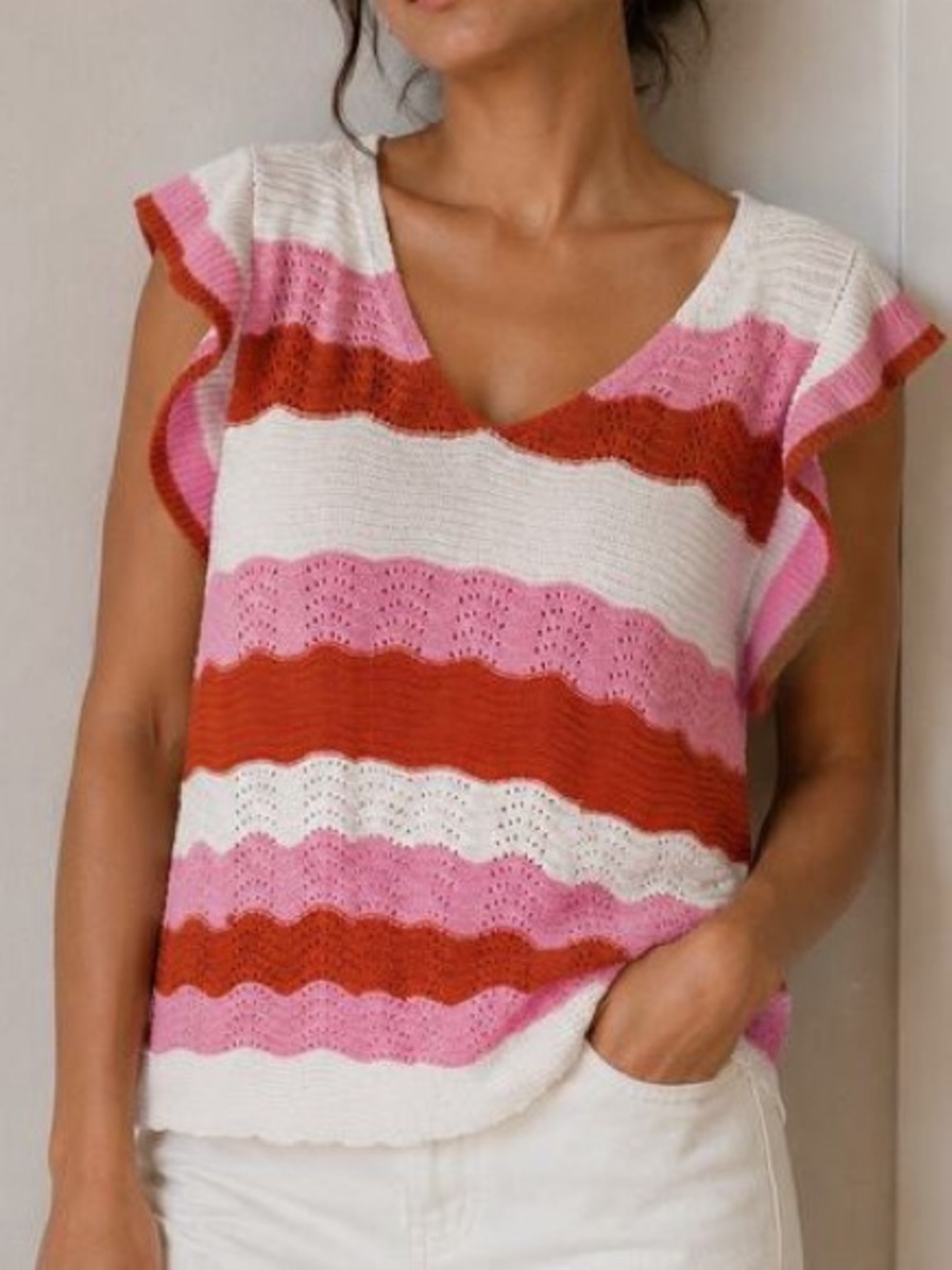 Anthro THML Striped Knit V-Neck Flutter Sleeve Top L